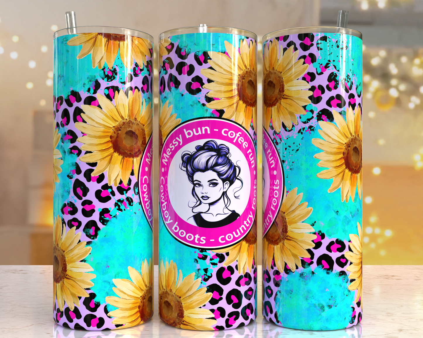 20 oz Tumbler Messy Bun, Coffee, Cowboy Boots