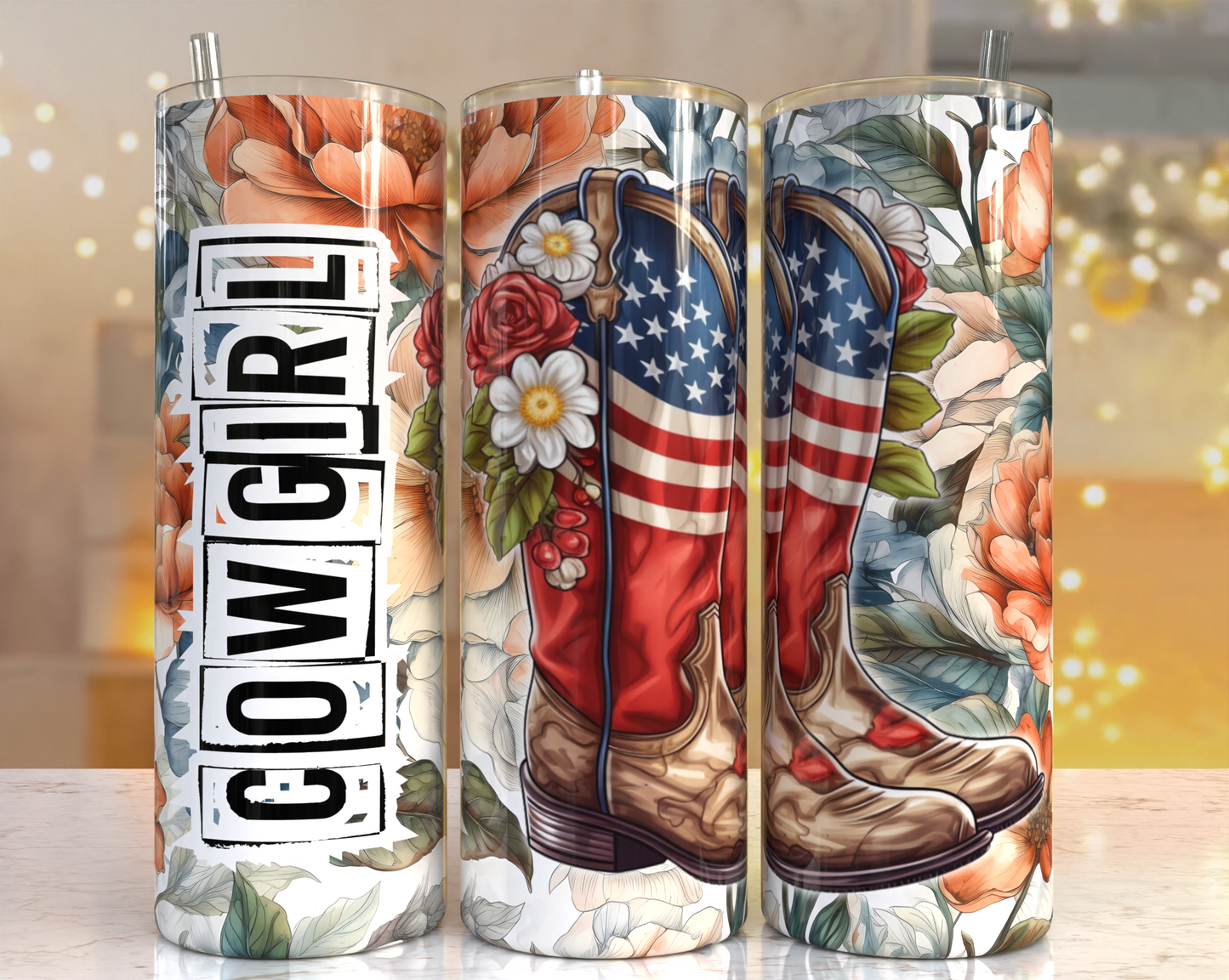 20 oz Tumbler Cowgirl American Flag Boots